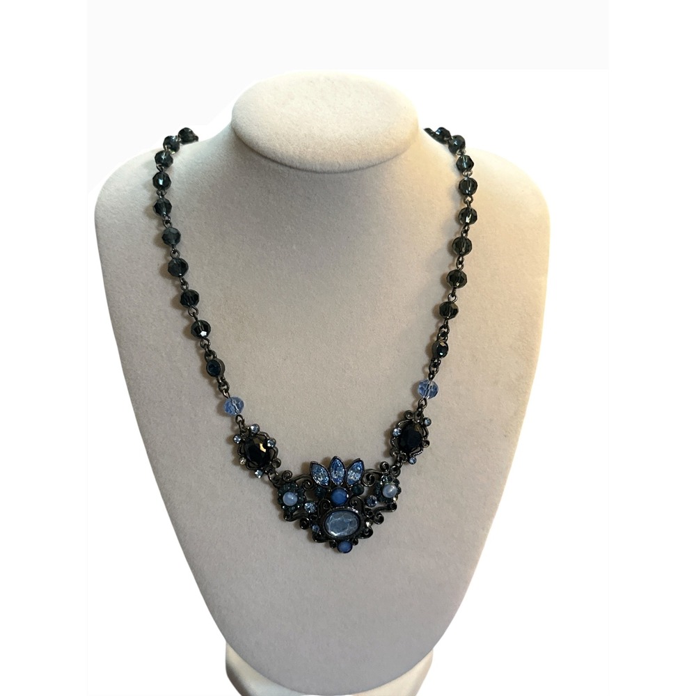 2028 Jewelry Blue Grey Crystal Floral Bib Necklace Gunmetal Tone Statement
